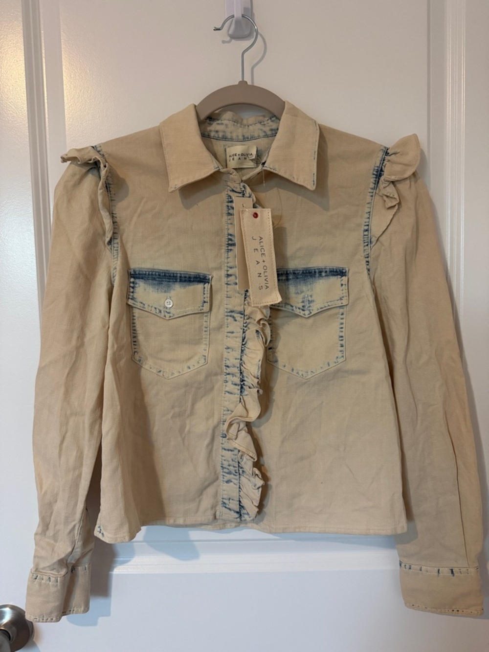 Alice + Olivia Beige Shirt Jacket with Faded Blue Trim